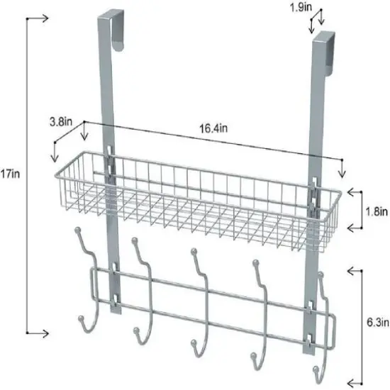 17" Over the Door Hook Hanger with Mesh Basket Silver {7}