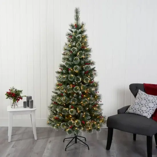 6ft. Pre-Lit Frosted Swiss Pine & Berries Artificial Christmas Tree with Clear LED Lights {7}
