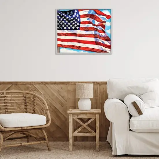 Stupell Industries Windblown American Flag Framed Giclee Art Gray {3}