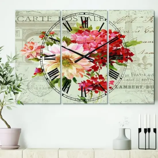 Designart Red Painted Flowers On Vintage Postcard I Multipanel Wall Clock {3}