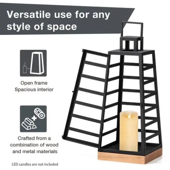 Glitzhome&reg; Black Modern Trapezoid Metal & Wood Lanterns Set {5}