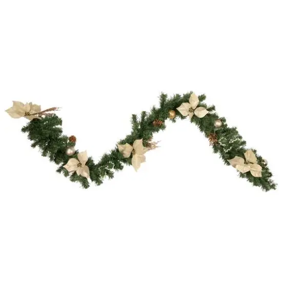 Pre-Decorated Gold Poinsettia Pine Cone & Ball Artificial Garland, Unlit {6}