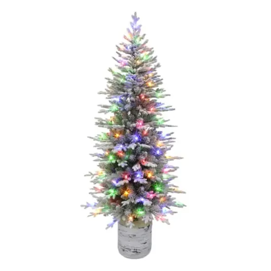 6ft. Pre-Lit Flocked Slim Arctic Fir Artificial Christmas Tree in Stump Planter, Color Select LED Lights {3}