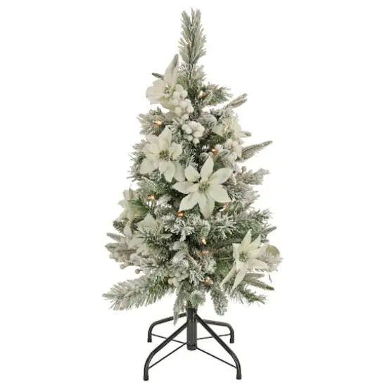 3ft. Pre-Lit Frosted Colonial Poinsettia Artificial Christmas Tree, Clear Lights {1}