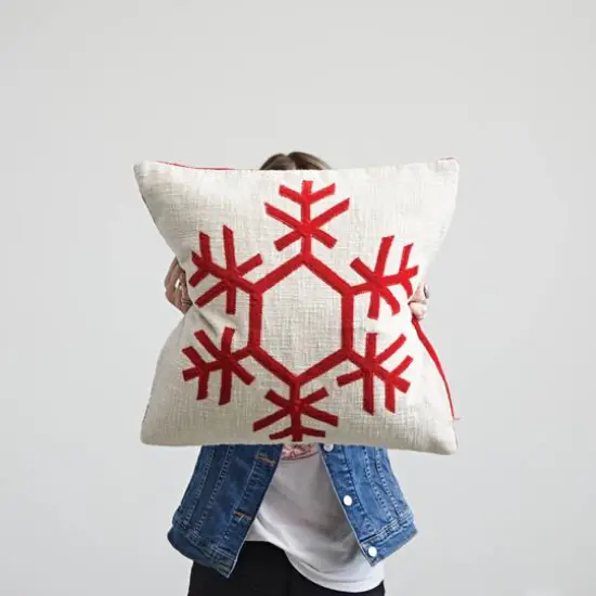 Hello Honey&reg; Cream & Red Embroidered Snowflake Pillow {3}