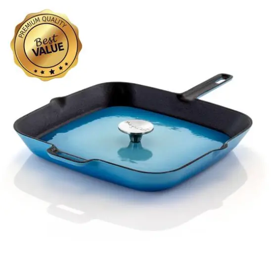 MegaChef 11" Square Blue Enamel Cast Iron Grill Pan with Matching Grill Press {5}
