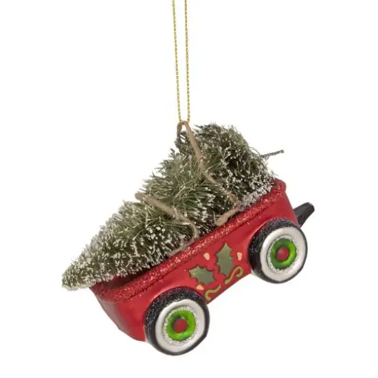 4.5" Red Glittered Wagon with Tree Ornament {1}
