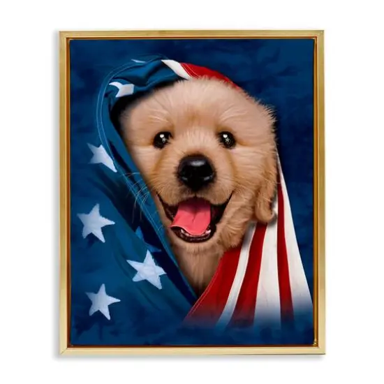 Stupell Industries Puppy & American Flag Floater Framed Art Gold {1}