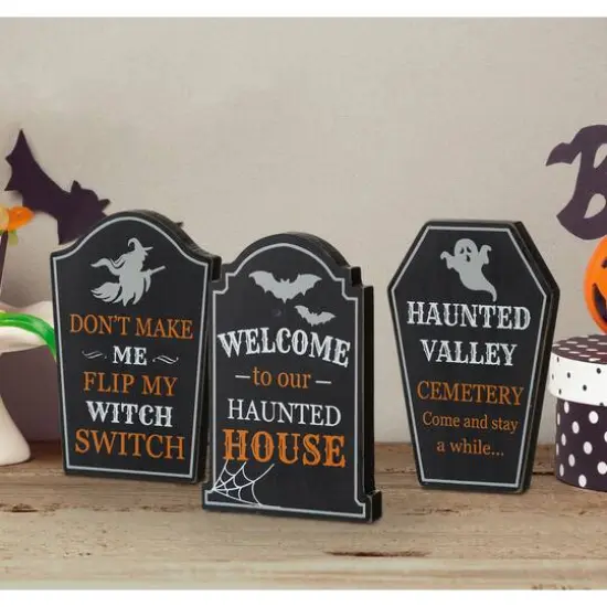 Glitzhome&reg; 7" Tombstone Halloween Table Sign Set {3}