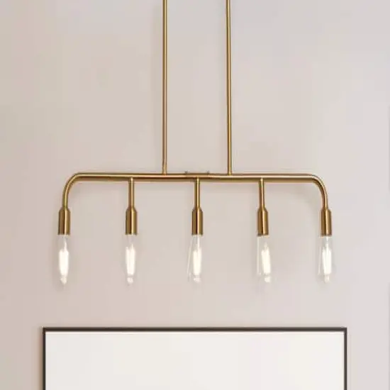 Hello Honey® Robert Stevenson Lighting Benson Exposed Bulb Metal 5-Light Linear Chandelier Brushed Gold {5}