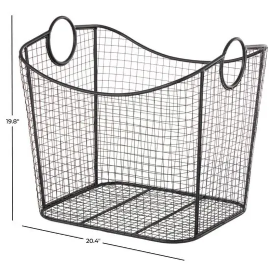 20" Black Metal Storage Basket with Curved Sides & Ring Handles {12}