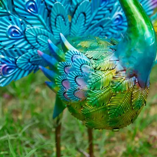 Glitzhome&reg; 28.75" Metal Tail Spread Peacock Garden Statue with Stakes {9}