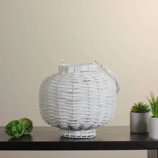 17.5" Beach Day Woven Wood Pillar Candle Lantern, White {5}