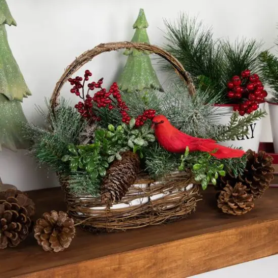 12" Red Cardinal with Foliage in Twig Basket Decoration {7}