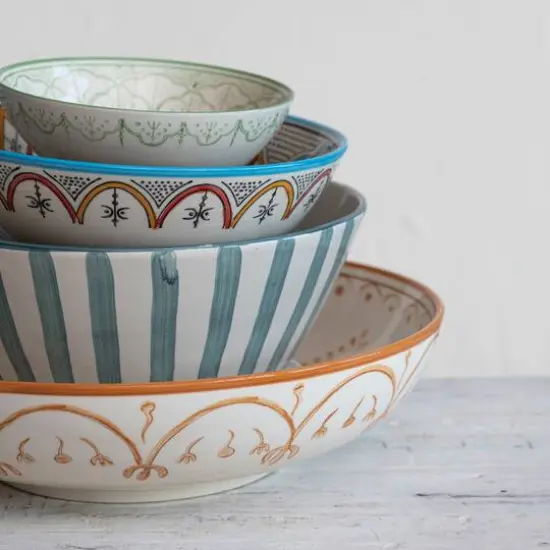 Hello Honey&reg; 12" Green Striped Stoneware Serving Bowl {4}