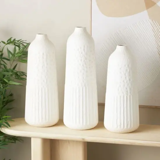 White Metal Textured Decorative Vase with Honeycomb Pattern Set {9}