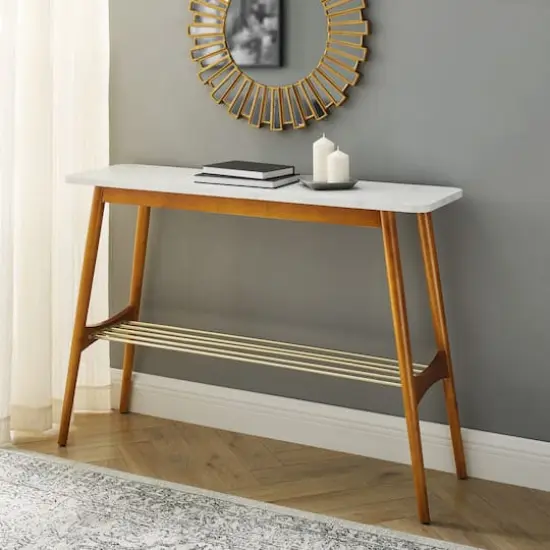 Walker Edison Faux White Marble/Acorn Tapered Leg Entry Table {3}