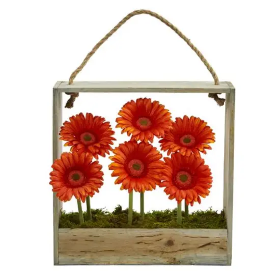 Gerbera Daisy Garden Artificial Arrangement in Hanging Wood Frame {1}