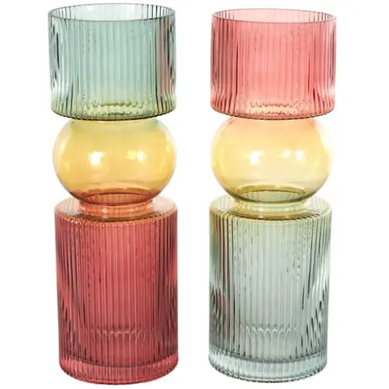 14" Multicolor Abstract Glass Ribbed Vase Set {1}