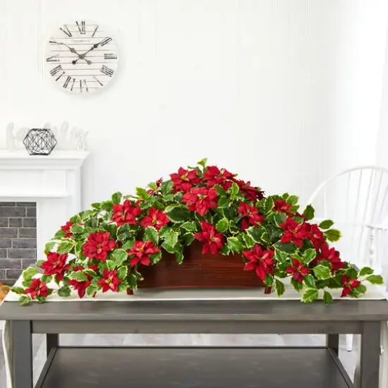 51&rdquo; Red Poinsettia & Variegated Holly Artificial Plant in Decorative Planter {4}