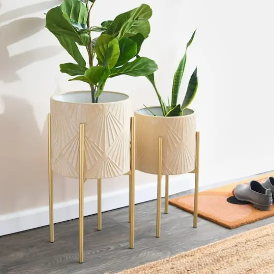 Hello Honey&reg; Cream & Gold Boho Embossed Metal Planters with Stands Set {3}