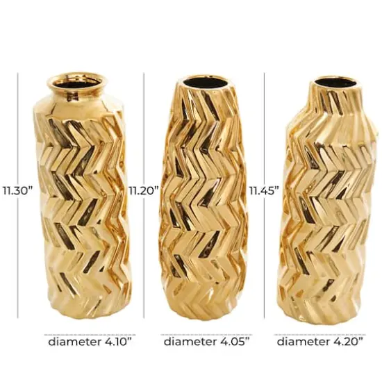 Gold Ceramic Dimensional Chevron Textured Vase with Varying Shapes Set {5}