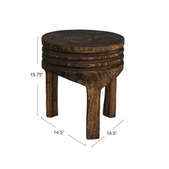 Hello Honey® 15.8" Round Paulownia Wood Carved Stool Charred Finish {4}