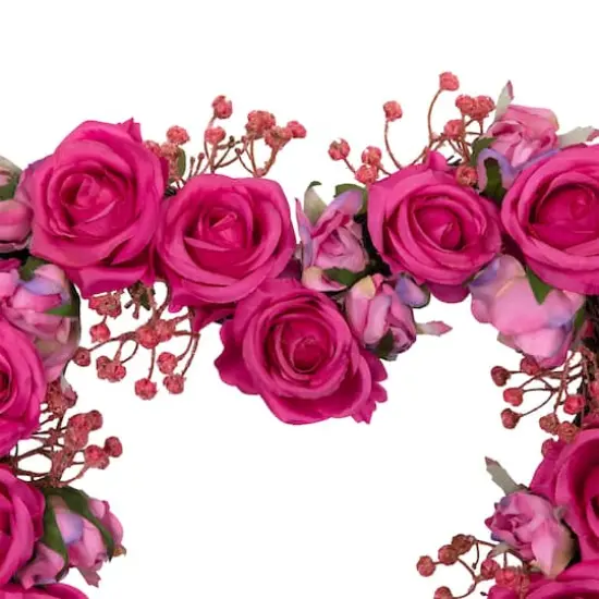 16" Pink Blooming Rose Buds Artificial Heart Shaped Valentine's Day Wreath {4}