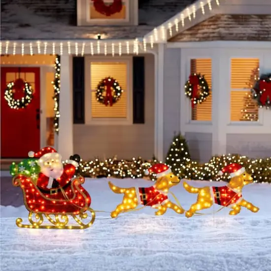 Glitzhome&reg; 90.5"L Lighted Christmas 2D Fabric Dog with Santa Sleigh Outdoor Decor {4}