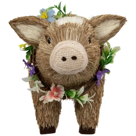 10.25" Brown & Beige Boy Piglet with Floral Wreath Spring Figurine {7}