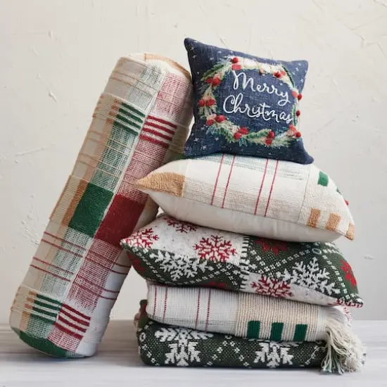 Hello Honey&reg; 18" Red, Green & Gold Plaid Textured Woven Throw Pillow {3}