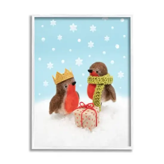 Stupell Industries Birds Gift Giving Christmas Snow Framed Giclee Art White {1}