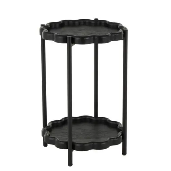 23.75" Black Wood Floral Inspired 2-Level Side End Accent Table with Metal Legs {7}
