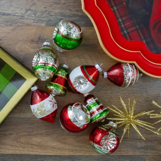 9ct. 3.25" 2-Finish Silver, Red & Green Glass Ornaments {5}
