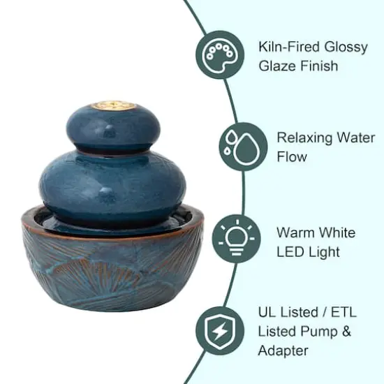 Glitzhome&reg; 8.75" LED Turquoise Leaf Textured Ceramic Tabletop Fountain {4}