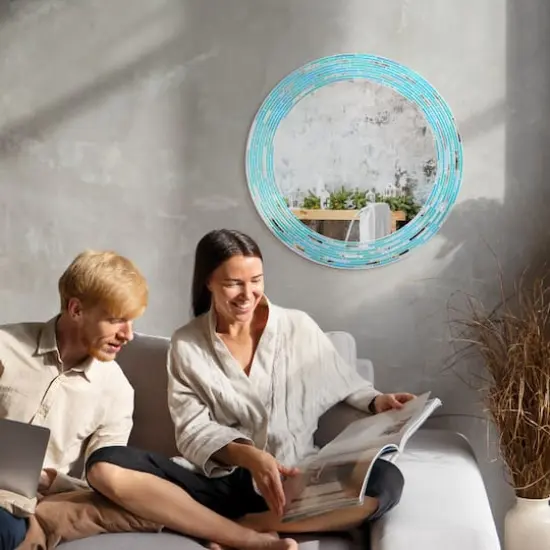 Head West Sea Glass 2 Tile Framed Round Wall Vanity Mirror - 30" x 30" {9}