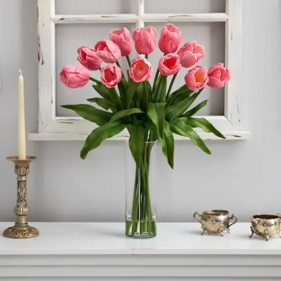 23" Artificial Tulip Arrangement with Cylinder Glass Vase Pink {4}