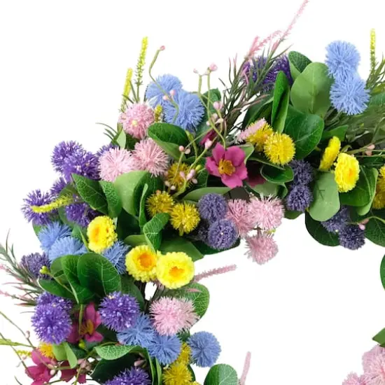 24" Pink, Blue & Yellow Spring Echinops & Chrysanthemum Floral Wreath {4}