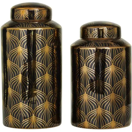 Black & Gold Ceramic Floral Decorative Jars Set {1}