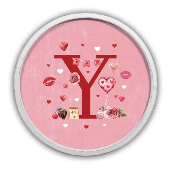 20" Valentine Things White Framed Round Monogram Print Y {1}