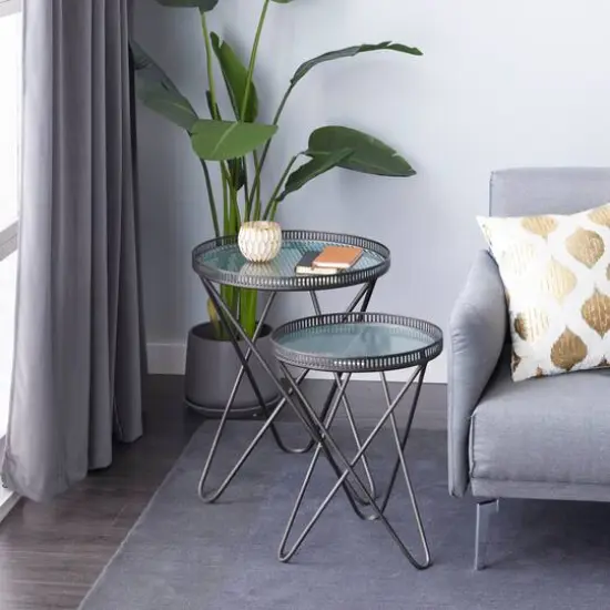 Gray Round Metal Industrial Accent Table Set {8}