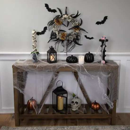 14" Unlit Skulls with Orange & Gray Roses Halloween Wreath {3}