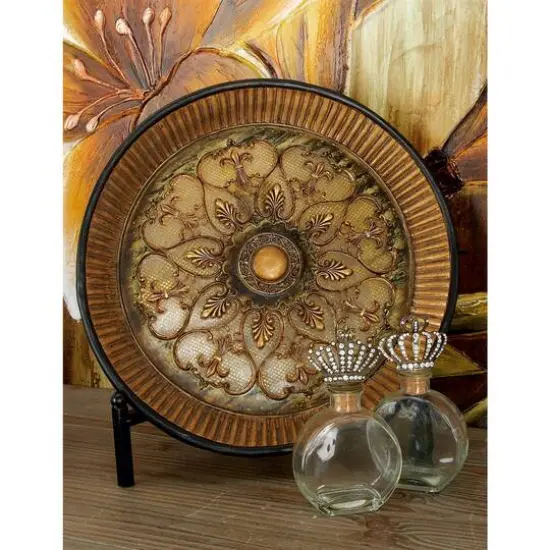 16" Gold Polystone Traditional Decorative Plate with Stand {9}