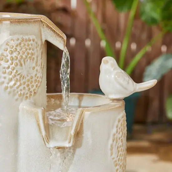 Glitzhome&reg; 31.75" Beige 4-Tier Dandelion Texture Vase-Shaped Ceramic Outdoor Fountain with LED Light {6}