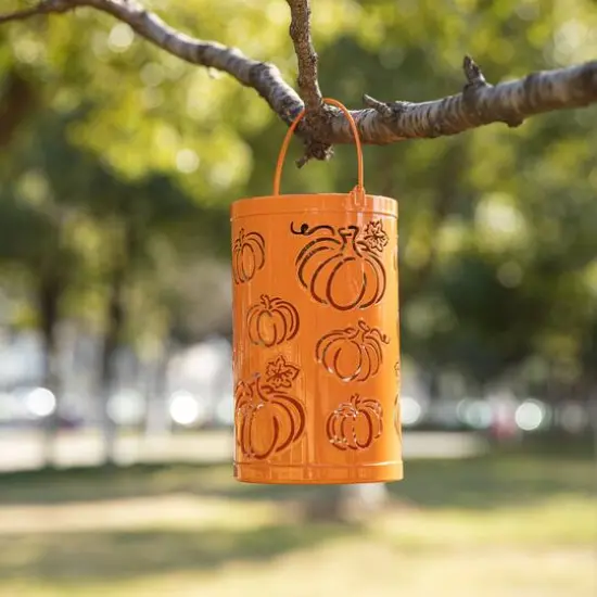 Glitzhome&reg; 10.75" Fall Metal Pumpkin Solar Powered LED Lantern {3}