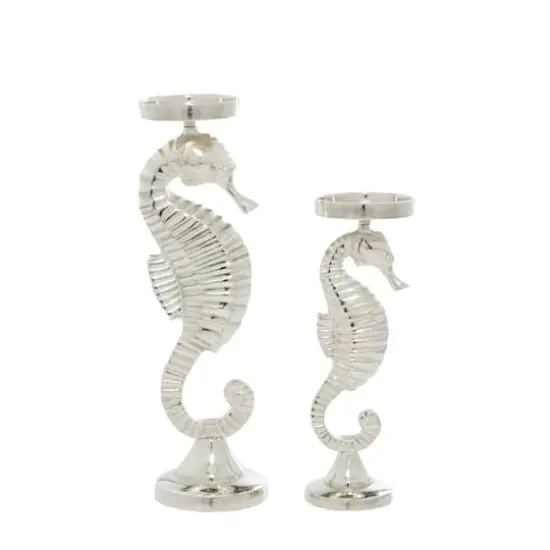 Silver Aluminum Coastal Seahorse Candle Holder Set {4}