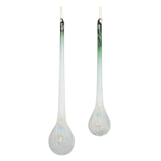 Green Iridescent Ribbed Glass Icicle Drop Ornaments Set {3}