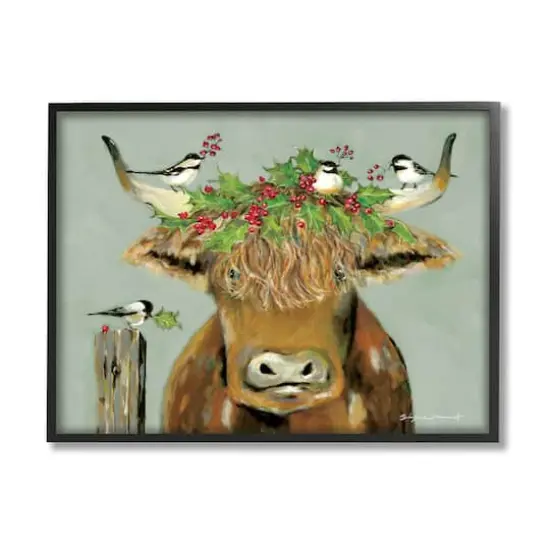 Stupell Industries Cattle & Birds Holiday Holly Framed Giclee Art Black {1}