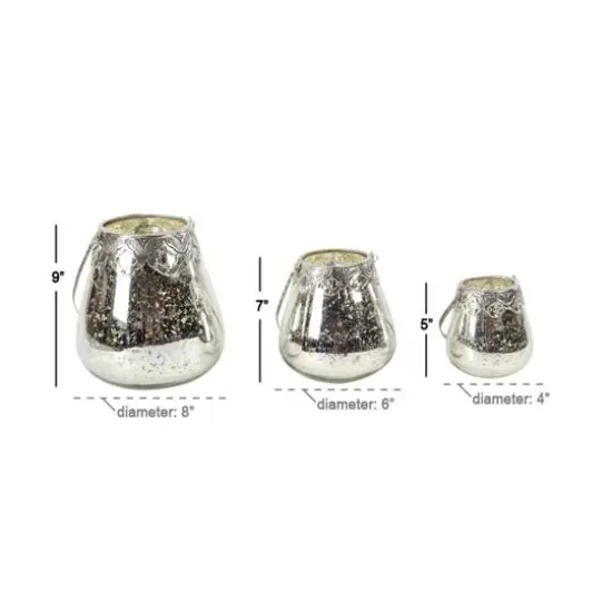 Set of 3 Silver Glass Glam Candle Holder, 5", 7", 9" {11}