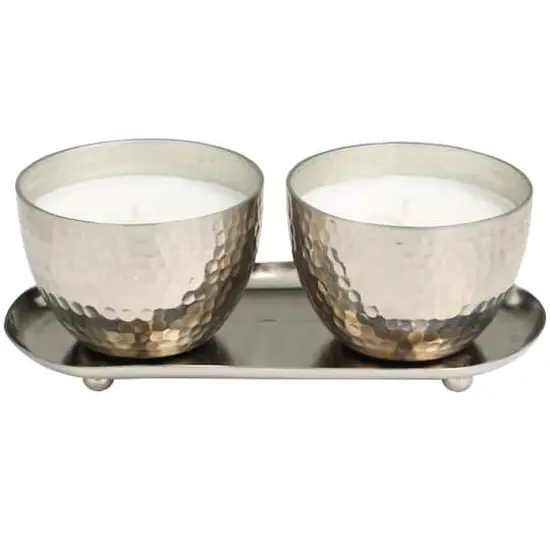 Sweet Bamboo Scented Candles in Silver Hammered Bowls Set {1}